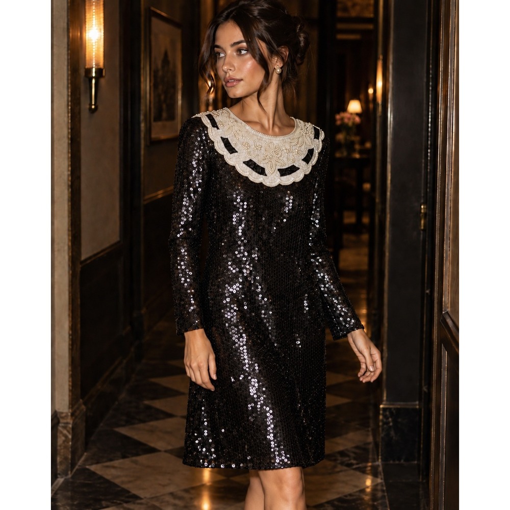 Vintage 80s Creative Creations Black Silk Sequin Pearl Beaded Cocktail Dress S